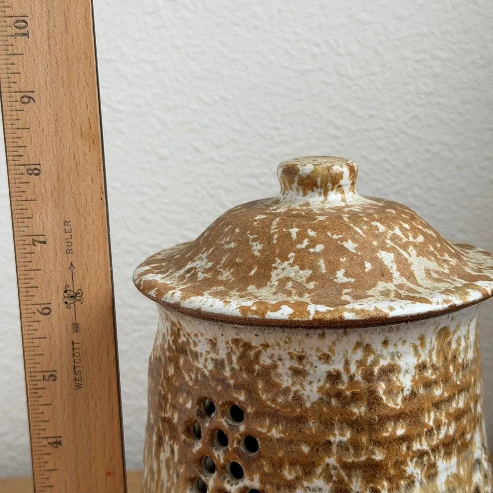 Wabi Sabi Garlic Keeper Lidded Stoneware‎ Jar Signed Studio Pottery Handmade